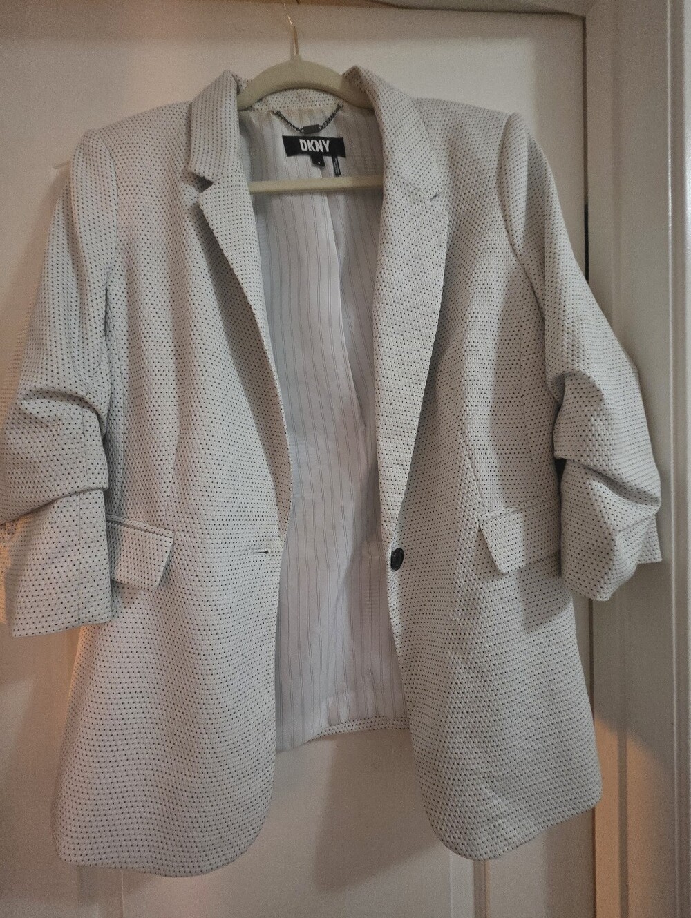 DKNY Light Gray Perforated Single-Button Blazer....look at the sleeves!